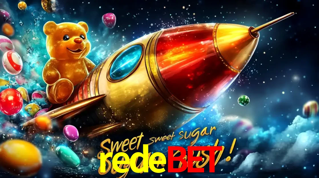Arte promocional do jogo de slot Sugar Rush, com um urso de pelúcia em um foguete viajando pelo espaço de doces, um dos jogos divertidos disponíveis no cassino redebet.