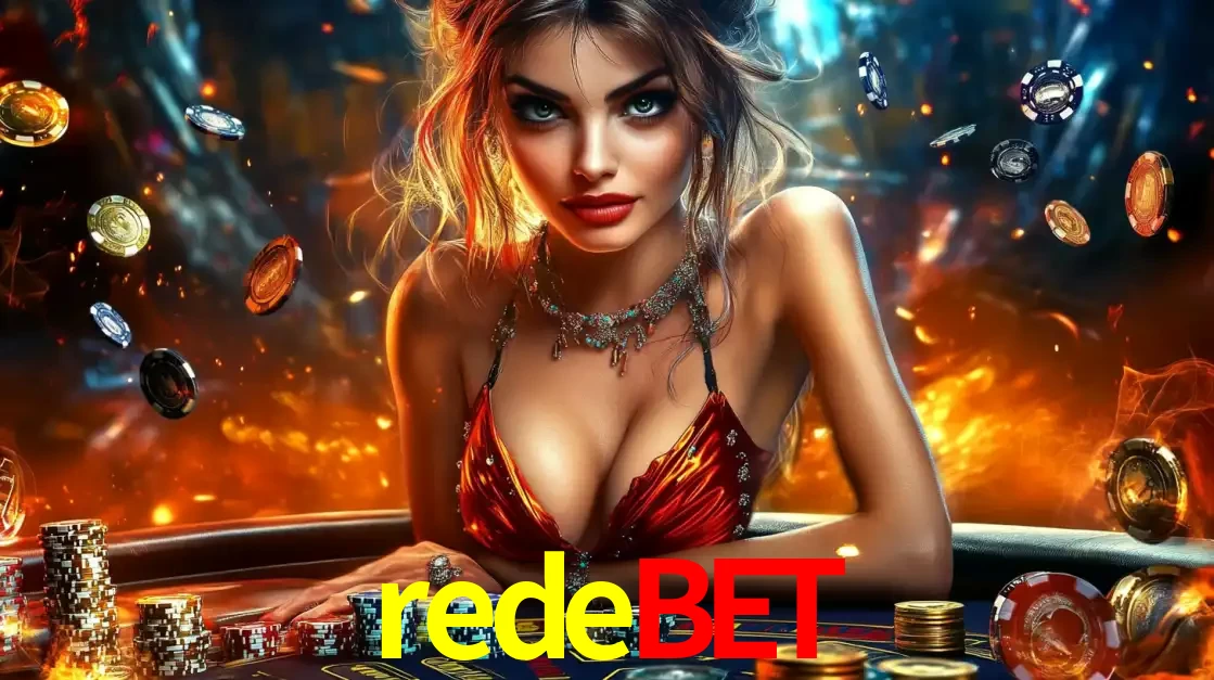 Mulher em uma mesa de cassino com pilhas de fichas e um fundo de fogo, pronta para uma rodada de altas apostas nos jogos de mesa emocionantes do cassino redebet.